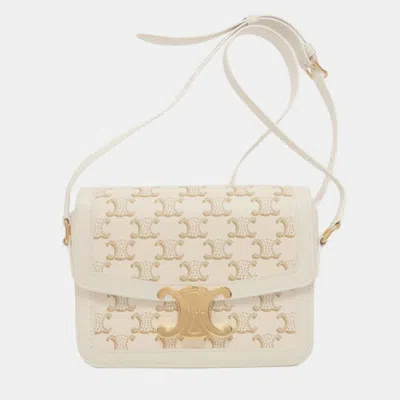 Pre-owned Celine Teen Triomphe Calfskin Leather Shoulder Bag In White