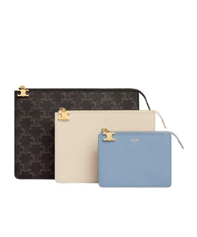 Celine Three Pouches Set Triomphe Charms In Triomphe Canvas  Grained Calfskin In White