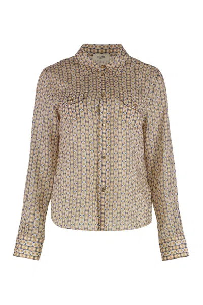 Celine Elegant Long Sleeve Shirt In Wool And Silk Gauze In Brown