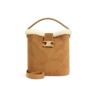 Celine Medium Louise Bucket Bag With Shearling Trim In Brown