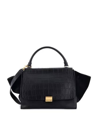 Pre-owned Celine Trapeze Bag Crocodile Embossed Leather Medium Satchel In Black