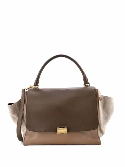 Pre-owned Celine Trapeze Bag Leather With Canvas Medium Satchel In Brown