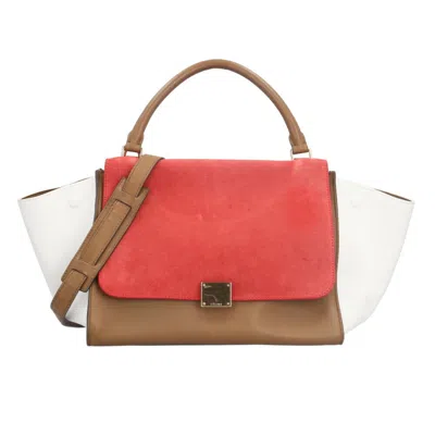 Pre-owned Celine Trapeze Brown Red Color White Leather Suede Shoulder Bag ()