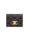 Celine Triomphe Small Wallet In Brown Canvas With Leather Trims For Women In Black