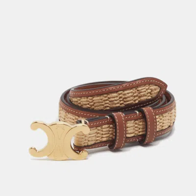 Pre-owned Celine Triomphe 75 Cm Buckle Belt Beige/tan Raffia And Leather In Sand
