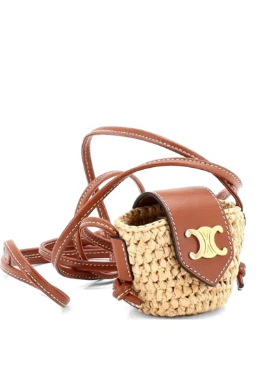 Pre-owned Celine Triomphe Basket Airpods Case Flap Bag Raffia With Leather Shoulder Bag In Brown