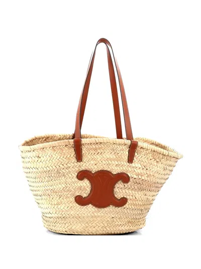 Pre-owned Celine Triomphe Basket Raffia With Leather Large Shoulder Bag In Neutral