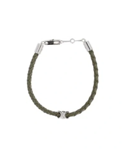 Celine Triomphe Beach Bracelet In Smooth Calfskin And Brass With Rhodium Finish In Green