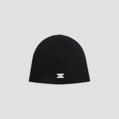Celine Triomphe Logo-embroidered Wool Beanie In Black