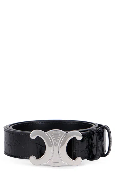 Celine Triomphe Belt In Crocodile Effect Leather In Black