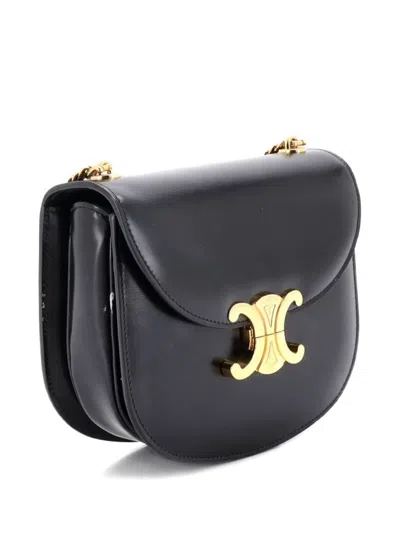 Pre-owned Celine Triomphe Besace Clea Chain Flap Bag Leather Shoulder Bag In Black