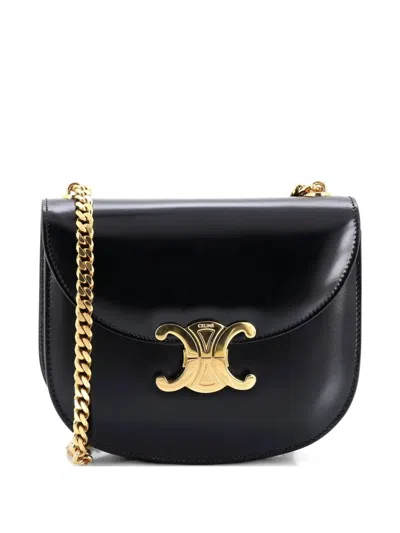 Pre-owned Celine Triomphe Besace Clea Chain Flap Bag Leather Shoulder Bag In Black