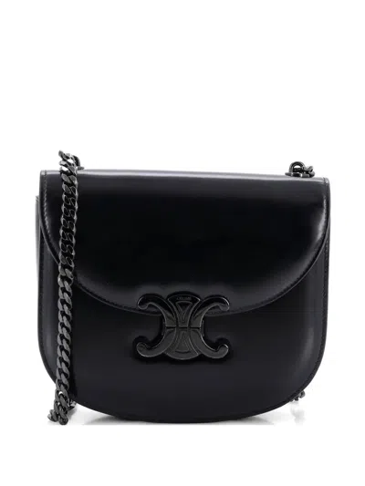 Pre-owned Celine Triomphe Besace Clea Chain Flap Bag Leather Shoulder Bag In Black