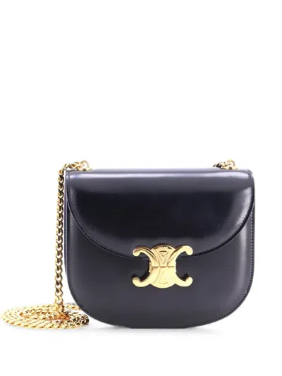 Pre-owned Celine Triomphe Besace Clea Chain Flap Bag Leather Shoulder Bag In Black