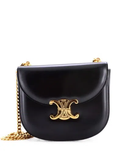 Pre-owned Celine Triomphe Besace Clea Chain Flap Bag Leather Shoulder Bag In Black