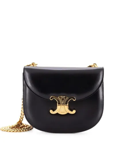 Pre-owned Celine Triomphe Besace Clea Chain Flap Bag Leather Shoulder Bag In Black