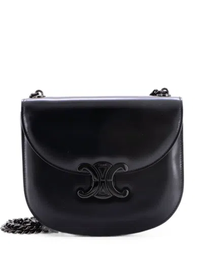 Pre-owned Celine Triomphe Besace Clea Chain Flap Bag Leather Shoulder Bag In Black