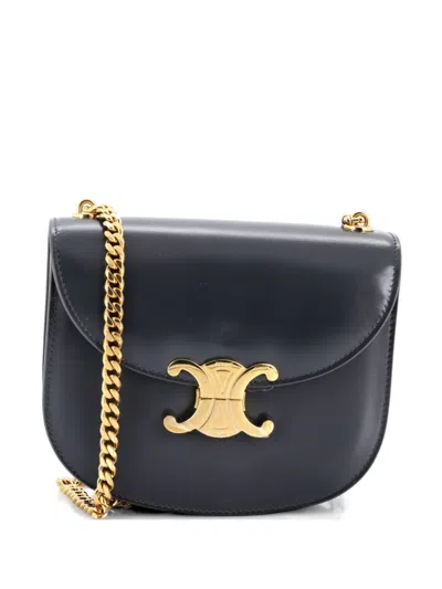 Pre-owned Celine Triomphe Besace Clea Chain Flap Bag Leather Shoulder Bag In Gray