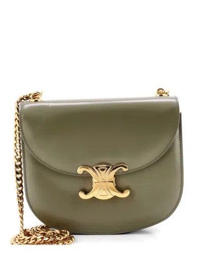 Pre-owned Celine Triomphe Besace Clea Chain Flap Bag Leather Shoulder Bag In Green