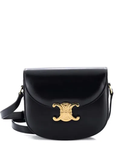 Pre-owned Celine Triomphe Besace Clea Flap Bag Leather Shoulder Bag In Black