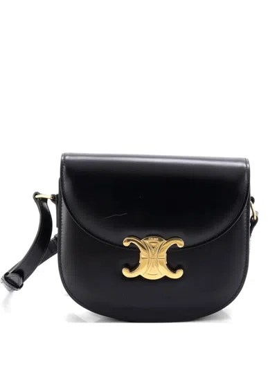 Pre-owned Celine Triomphe Besace Clea Flap Bag Leather Shoulder Bag In Black