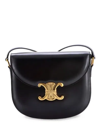 Pre-owned Celine Triomphe Besace Clea Flap Bag Leather Shoulder Bag In Black