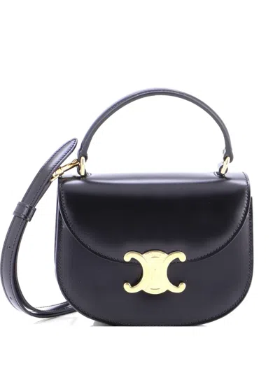 Pre-owned Celine Triomphe Besace Clea Top Handle Flap Bag Leather Mini Satchel In Black
