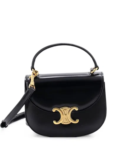 Pre-owned Celine Triomphe Besace Clea Top Handle Flap Bag Leather Mini Satchel In Black