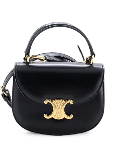 Pre-owned Celine Triomphe Besace Clea Top Handle Flap Bag Leather Mini Satchel In Black