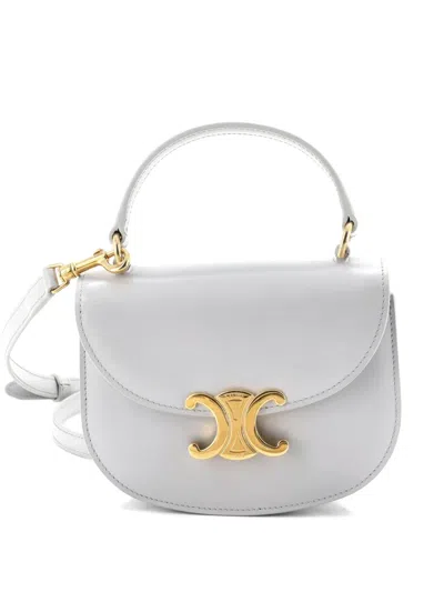 Pre-owned Celine Triomphe Besace Clea Top Handle Flap Bag Leather Mini Satchel In Gray