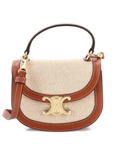 Pre-owned Celine Triomphe Besace Clea Top Handle Flap Bag Leather Mini Satchel In Neutral