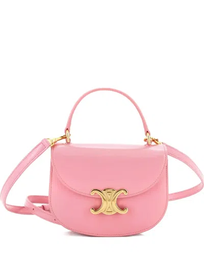 Pre-owned Celine Triomphe Besace Clea Top Handle Flap Bag Leather Mini Satchel In Pink
