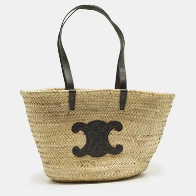 Pre-owned Celine Triomphe Black/beige Raffia And Printed Coated Canvas Basket Bag