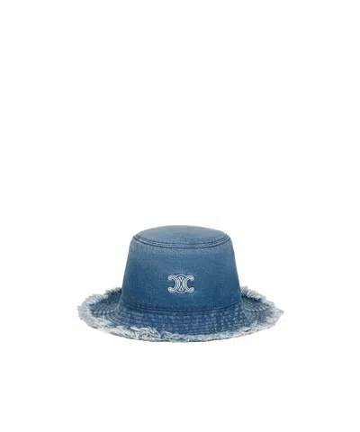 Celine Triomphe Bucket Hat In Cotton Denim In Blue