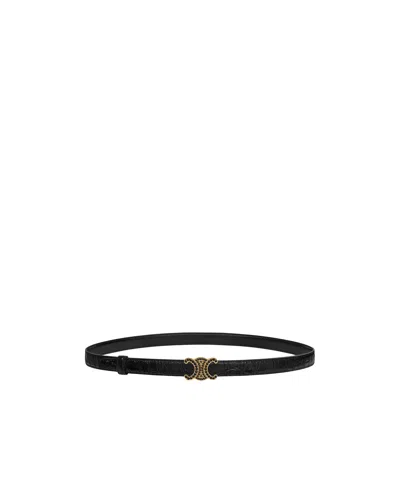 Celine Triomphe Buckle 18mm In Brass With Strass  Reversible Strap 18mm In Taurillon Leather And Crocodile  In Black