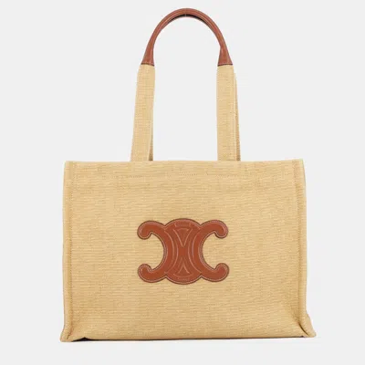 Pre-owned Celine Triomphe Cabas Large Natural Tan Canvas Leather Tote Bag In Beige