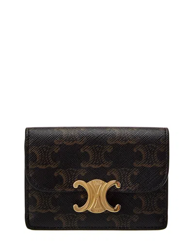 Celine Triomphe Canvas & Leather Card Holder In Brown
