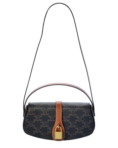 Celine Triomphe Canvas & Leather Clutch On Strap In Brown