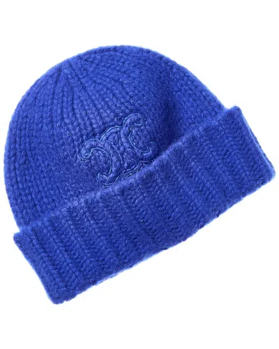 Celine Triomphe Cashmere & Wool-blend Beanie In Blue