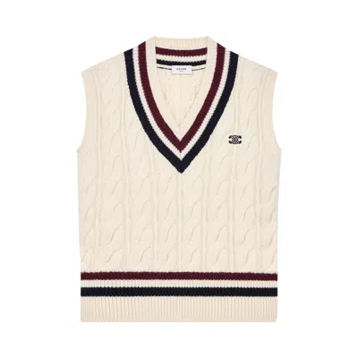 Pre-owned Celine Triomphe Cashmere V-neck Cable Knit Vest 'ecru/burgundy/navy' | Cream | Men's Size L