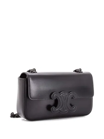 Pre-owned Celine Triomphe Chain Leather Small Shoulder Bag In Black