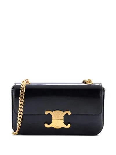 Pre-owned Celine Triomphe Chain Leather Small Shoulder Bag In Black
