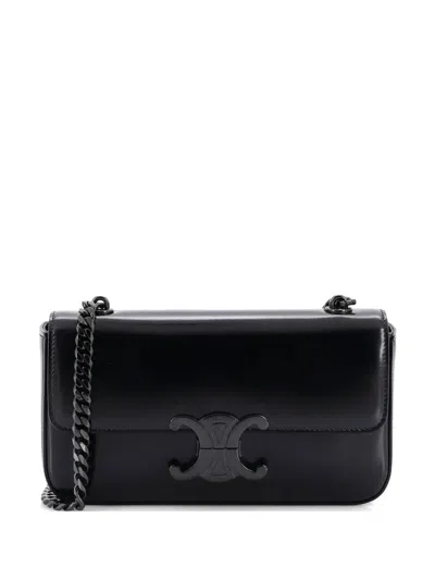 Pre-owned Celine Triomphe Chain Leather Small Shoulder Bag In Black