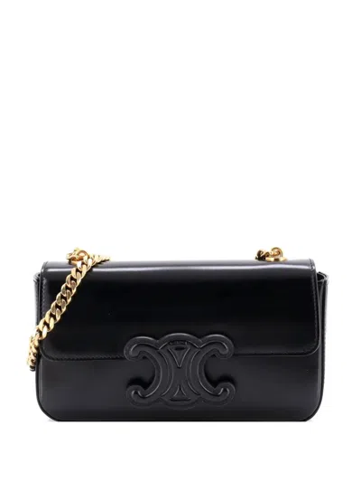 Pre-owned Celine Triomphe Chain Leather Small Shoulder Bag In Black