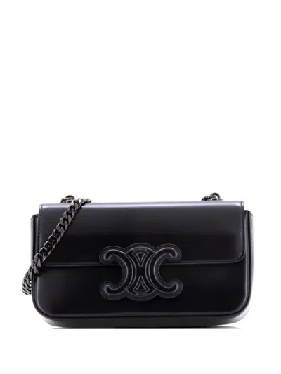 Pre-owned Celine Triomphe Chain Leather Small Shoulder Bag In Black
