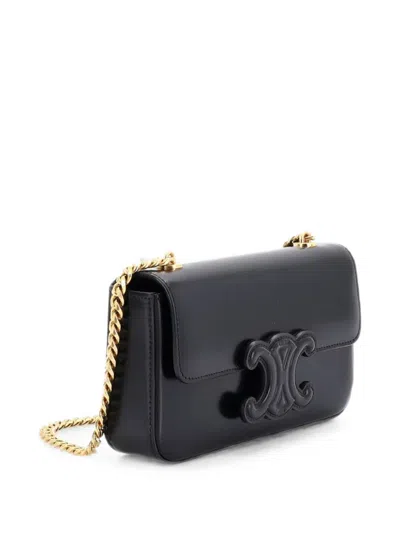 Pre-owned Celine Triomphe Chain Leather Small Shoulder Bag In Black