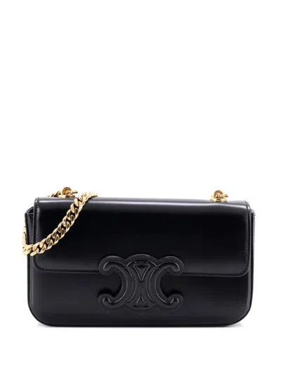 Pre-owned Celine Triomphe Chain Leather Small Shoulder Bag In Black
