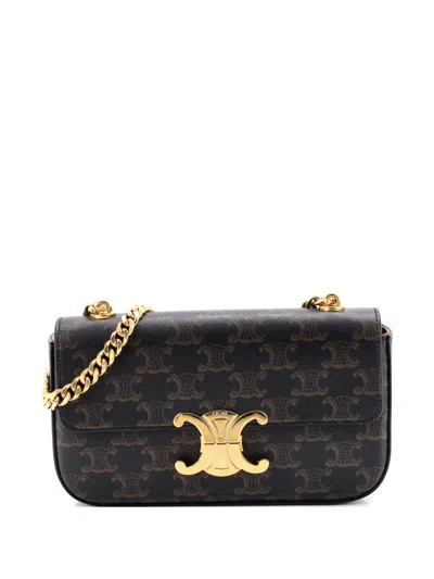 Pre-owned Celine Triomphe Chain Triomphe Coated Canvas Small Shoulder Bag In Brown