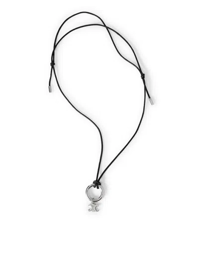 Celine Triomphe Charms Necklace In Cotton And Brass With Rhodium-plated Finish In Black