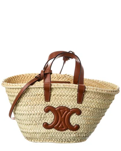 Celine Triomphe Classic Panier Straw & Leather Tote In Brown